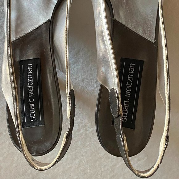 Stuart Weitzman Open Toe Slingback Silver Pumps 9 - Picture 8 of 11